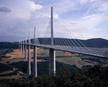 North end of the Millau bridge crossing the Tarn Valley carrying the A75 motorway linking Beziers in the south with Clermont Ferrand in the north.