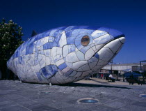 Lagan Weir.  Big Fish Sculpture  angled view.Bal Feirste Eire European Irish Northern Europe Republic Ireland Poblacht na hireann