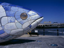 Lagan Weir.  Big Fish Sculpture  part view of head.Bal Feirste Eire European Irish Northern Europe Republic Ireland Poblacht na hireann