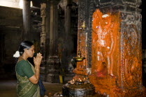 Female worshiper praying beside a shrine  Meenakshi TempleSouthSouthernIndiaIndianAsiaAsianHorizontalInsideIndoorInteriorCultureCulturalReligionReligiousPrayPrayerWorshipWorshipping...