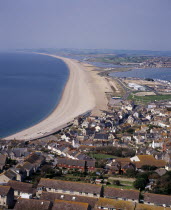 Elevated view over Chesil Beach from cliff path above town of Fortuneswell on Isle of PortlandEuropean Scenic Beaches Great Britain Northern Europe Resort Sand Sandy Seaside Shore Tourism UK United K...