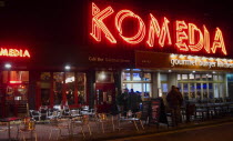 Exterior of the Komedia theatre  cafe and bar in Gardner Street. Neon SignEuropean Great Britain Northern Europe UK United Kingdom British Isles Bistro Inn Pub Restaurant Tavern Theater Public House