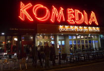 Exterior of the Komedia theatre  cafe and bar in Gardner Street. Neon SignEuropean Great Britain Northern Europe UK United Kingdom British Isles Bistro Inn Pub Restaurant Tavern Theater Public House