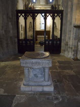 Font in the Norman Church of St Mary de Haura circa 1100.European Great Britain Northern Europe UK United Kingdom British Isles Gray Religious