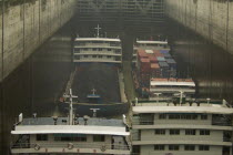 River traffic including coal barge and containers in the locks of the Three Gorges Dam at SandoupingAsia Asian Chinese Chungkuo Jhonggu Zhonggu 3