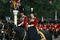 The Queen and The Duke of Edinburgh on horseback returning from Trooping the ColourHorse Guards Parade The Mall Buckingham PalaceColor European Great Britain Londres Northern Europe UK United Kingd...