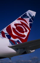 Boeing 767-336ER at Gatwick Airport operated by British Airways. Detail of tail design by artist Pierce Casey from the United Kingdom entitled Chelsea RoseEuropean