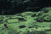 Aerial view over settlement amongst green agricultural landscape next to a fast flowing river with horses and livestock seen on the groundAmerican Equestrian Farming Agraian Agricultural Growing Husb...