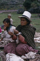 Woman wearing a white Panama hat hand spinning wool into yarn.American Central America Female Women Girl Lady Hispanic Latin America Latino Panamanian Peruvian South America