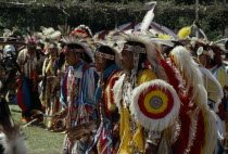 Blackfoot Native American Indians and other plains Indians wearing full regalia at Pow WowCanadian North America