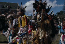 Blackfoot and Hobema Native American Indians wearing tribal dress at Pow WowCanadian Indigenous North America