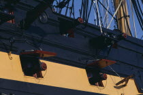 HMS Victory.  Detail of side of ship with cannons extending from openings.European Great Britain History Northern Europe UK United Kingdom