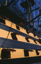 HMS Victory.  Part view of side of ship and openings from where cannons were fired.European Great Britain History Northern Europe UK United Kingdom