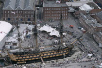 HMS Victory. Arial view of Royal Naval Dockyard. People crowding round.European Great Britain Northern Europe UK United Kingdom