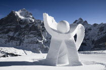 Ice sculpture at Grindelwald First summit station with Eiger mountain behind.European Schweiz Suisse Svizzera Swiss Western Europe  Winter Snow Mountains Scenic