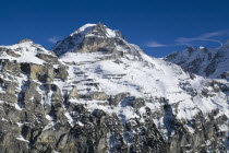 Summit of the Monch Mountain from outskirts of Murren.European Schweiz Suisse Svizzera Swiss Western Europe  Mountains Geography Winter Scenic