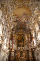 Baroque church  interior view of main altar and ornately painted ceilingReligion Architecture Churches RococoUNESCO World Heritage Site Bayern Deutschland European Religious Western Europe