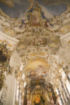 Baroque church  interior view of ornamentation and frescos above main altar Religion Architecture Churches RococoUNESCO World Heritage Site Bayern Deutschland European Religious Western Europe