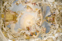 Baroque church  interior view of the entire ceiling looking straight up from centre of church with frescoes depicting Door of Heaven / ParadiseReligion Architecture Churches RococoUNESCO World Heritage Site Bayern Center Deutschland European Religious Western Europe