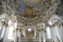 Baroque church  interior view of the church organ and frescoes on ceiling depicting Door of Heaven / ParadiseReligion Architecture Churches RococoUNESCO World Heritage Site Bayern Deutschland Europe...