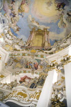 Baroque church  interior view of the church organ and frescoes on ceiling depicting Door of Heaven / ParadiseReligion Architecture Churches RococoUNESCO World Heritage Site Bayern Deutschland Europe...