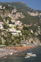 General view of Spiaggia Grande backed by Amalfi Coast Holidays Beaches Cliffs Architecture European Italia Italian Southern Europe Resort Sand Sandy Scenic Seaside Shore Sunbather Tourism Tourists T...