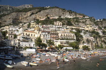 Spiaggia Grande beach with central Positano and Church of Santa Maria Assunta behindBeaches Leisure Churches Cliffs European Italia Italian Resort Sand Sandy Seaside Shore Southern Europe Tourism Hol...