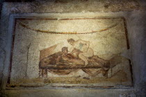 A scene from a wall in the Lupanare BrothelArt Frescoes Romans Volcanoes Ancient Cities European Italia Italian Pompei Southern Europe