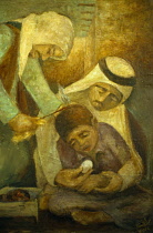 Painting of traditional medicine  a man treating a child s head with a hot piece of metal  in Doha MuseumClassic Classical Historical History Male Men Guy Middle East Older Qatari