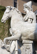The restored classical statues of the Dioscuri Castor and Pollux at the top of the Cordonata on the CapitolineEuropean Italia Italian Roma Southern Europe Gray History
