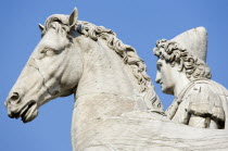 One of the restored classical statues of the Dioscuri Castor and Pollux at the top of the Cordonata on the CapitolineEuropean Italia Italian Roma Southern Europe 1 Gray History Single unitary