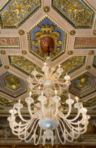 Capitoline Museum Palazzo Dei Conservatore chandelier hanging from the ceiling in the Palace with SPQR visible on the ornately decorated ceilingEuropean Italia Italian Roma Southern Europe History Le...