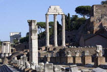 The floor of the Forum with the Temple of Vesta the Arch of Titus and the three Corinthian columns of the Temple of Castor and Pollux in front of the Palatine hill with the Basilica of Julia named aft...