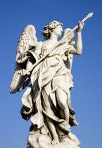 Statue of a winged female angel on the Ponte Sant Angelo bridge over the River TiberEuropean Italia Italian Roma Southern Europe Gray History Religion Religious