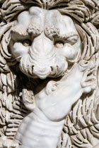 Vatican City Museums Detail of a marble sarcophagus in the Octagonal Courtyard of the Belvedere Palace depicting a male lion eating a horseEuropean Italia Italian Roma Southern Europe Catholic Princi...