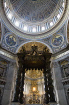 Vatican City The Basilica of St Peter The Dome by Michelangelo above the canopied Baldacchino by Bernini with his Throne of Saint Peter in Glory beyondEuropean Italia Italian Roma Southern Europe Cat...