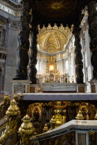 Vatican City The Basilica of St Peter The canopied Baldacchino by Bernini with his Throne of Saint Peter in Glory beyondEuropean Italia Italian Roma Southern Europe Catholic Principality Citta del Va...