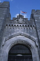 Arundel Castle. Part view of the entrance gate and crenelated towers with Union Jack flag flying above.European Castillo Castello Great Britain History UK United Kingdom British Isles Castle Castello...