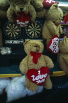 Darts game with I Love You teddy bear prizes.European  Soft Toys
