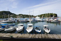 St Georges The new Peter de Savary marina development of Port Louis seen from the Yacht Club with boats moored at jettiesCaribbean Grenadian Greneda West Indies Grenada Scenic