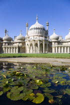 The onion shaped domes of the 19th Century Pavilion designed in the Indo- Saracenic style by John Nash commissioned by George Prince of Wales later to become King George IV. The oval water lilly pond...
