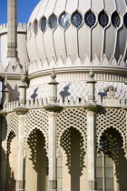 The onion shaped dome of the 19th Century Pavilion designed in the Indo- Saracenic style by John Nash commissioned by George Prince of Wales later to become King George IV. The crest of the Prince of...