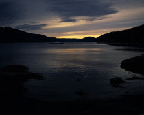 Saguenay River at dusk car ferry grey/gold sky silhouetted hills American Automobile Automotive Blue Canadian Cars Gray Motorcar North America Northern Scenic