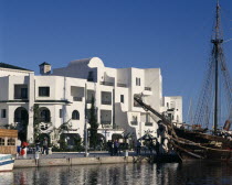 View across the marina towards white apartment buildings.African Flat Holidaymakers Middle East North Africa Tourism Tourist Northern Sightseeing Tourists