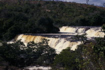 Steps and terraces of waterfall on the Ireng River surrounded by trees.Brasil Brazil American Brazilian Guayanian Latin America Latino Scenic South America Southern