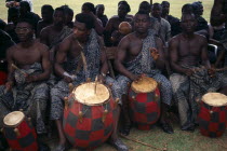 Drummers playing at funeral of wife of a chief.Percussion InstrumentDrumsAfrican Ghanaian Religion Western Africa Religious