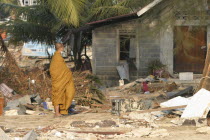 Tsunami.A Thai Monk looks at the damage caused by the tsunami  nothing is left standing in the village 2500 people are pressumed dead. 125kms north of Phuket on the 2nd Jan.Asian Ecology Entorno Envi...