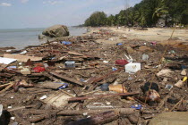 Tsunami. Bodies lay mixed with all the debris on the beach caused by the dissaster. Now the devestation can be seen in the remote areas. This was about 60kms north of Phuket at Khaolak Beach with the...
