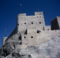 Fort Jalali. Crenellated towers and walls built on rocky outcrop.Middle East Omani