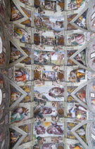 Vatican City The Sistine Chapel ceiling fresco by Michelangelo for Pope Julius II between 1508 and 1512. The main central panels depict the Creation of The World and the Fall of Man surrounded by subjects from the Old TestamentEuropean Italia Italian Roma Southern Europe Catholic Principality Citta del Vaticano History Male Men Guy Papal Religious Christian Male Man Guy Religion Religion Religious Christianity Christians